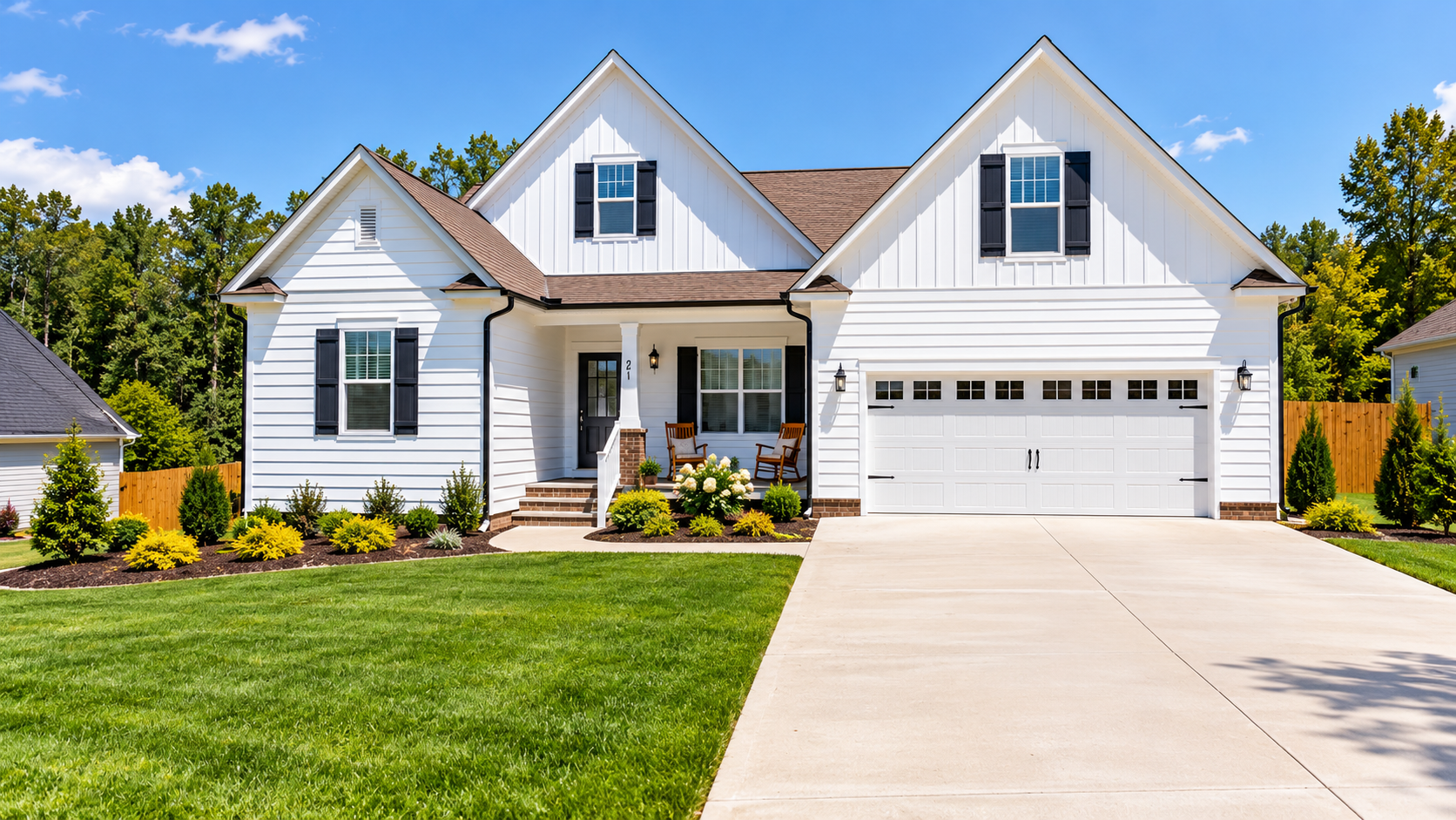 AI-generated illustration of a modern white farmhouse with black shutters, a front porch, attached garage, and lush green lawn.